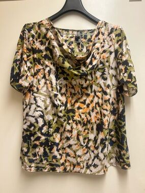 Preston & York Olive Green, Black, Cream & Orange Cowl Neck Blouse